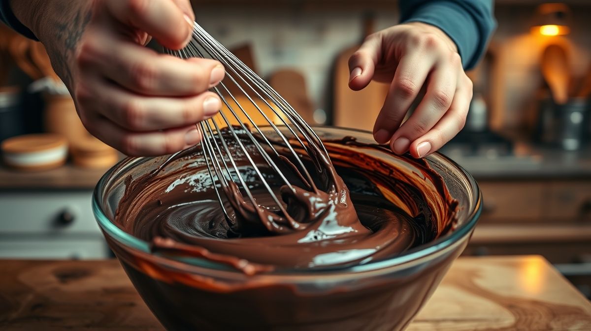 Mãos misturando a massa do bolo de chocolate sem ovo em tigela de vidro durante o preparo