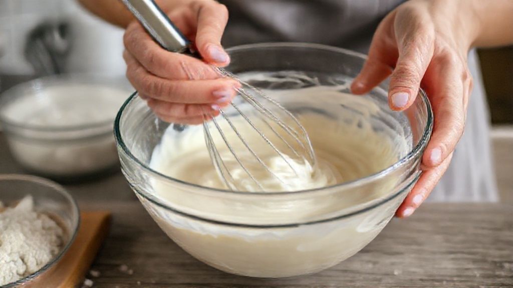 Mãos misturando a massa de bolo com fouet em tigela de vidro, mostrando o processo de preparo.