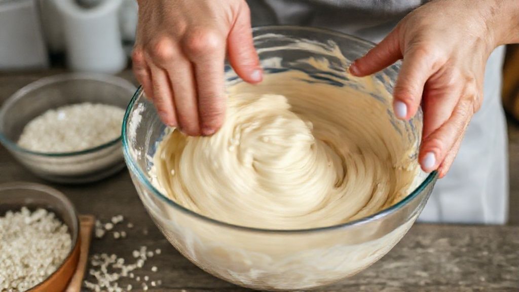 Mãos misturando a massa do bolo em uma tigela de vidro durante o preparo, mostrando a textura cremosa