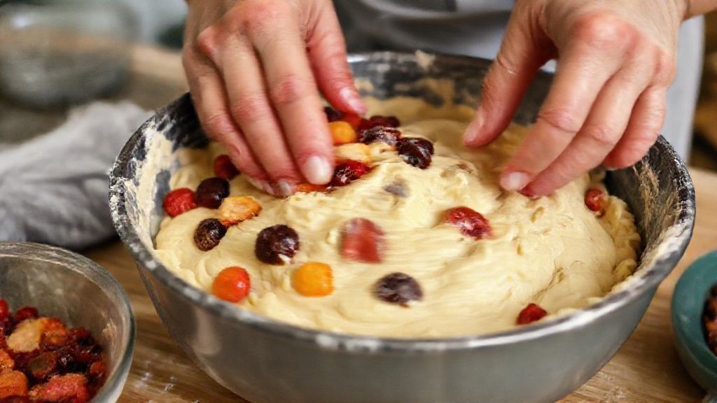 Mãos misturando as frutas cristalizadas na massa cremosa do bolo