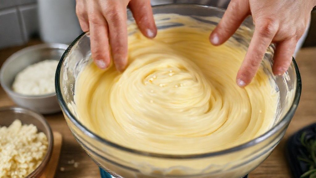 Mãos mexendo massa de bolo de fubá com queijo em tigela de vidro durante o preparo