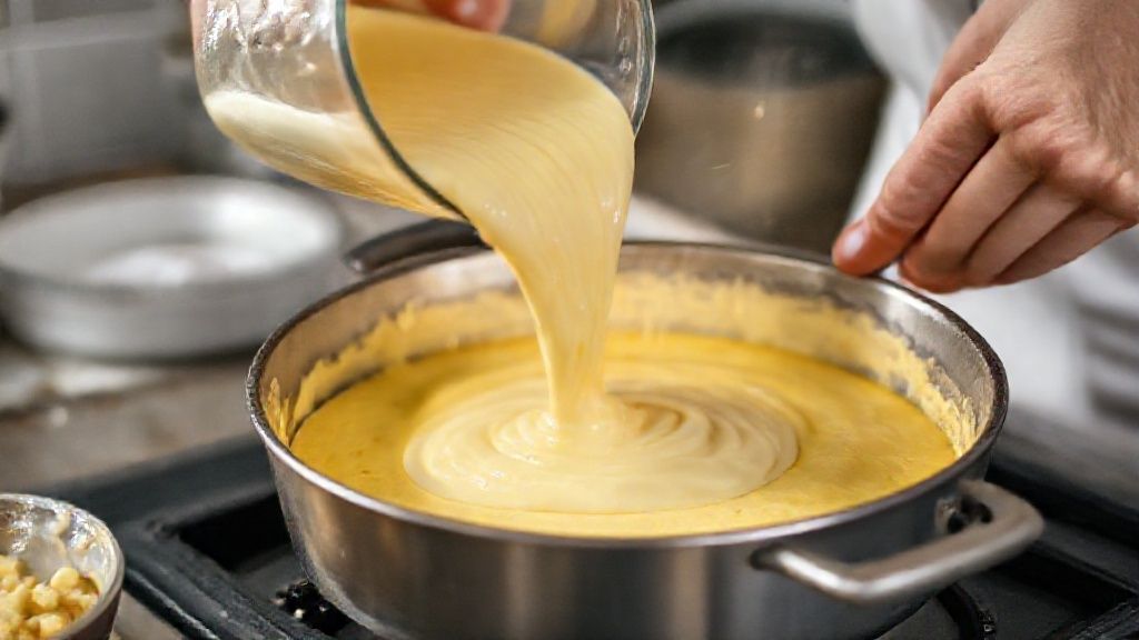 Mãos despejando massa cremosa de fubá em forma untada antes de levar ao forno