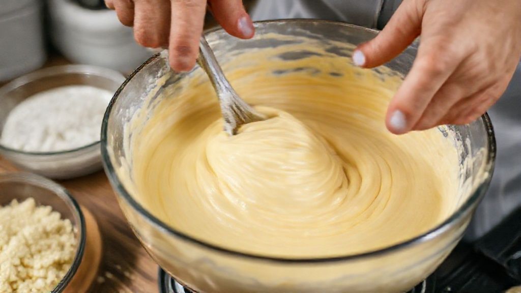 Mãos misturando a massa do bolo em uma tigela, mostrando a textura cremosa e leve antes de assar