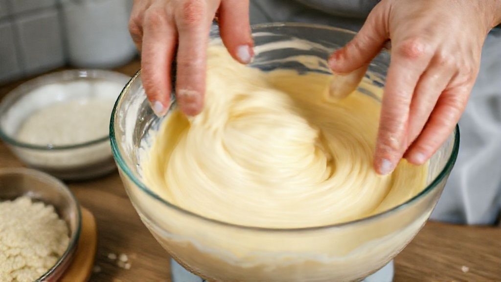 Mãos batendo a massa do bolo em uma tigela grande durante o preparo