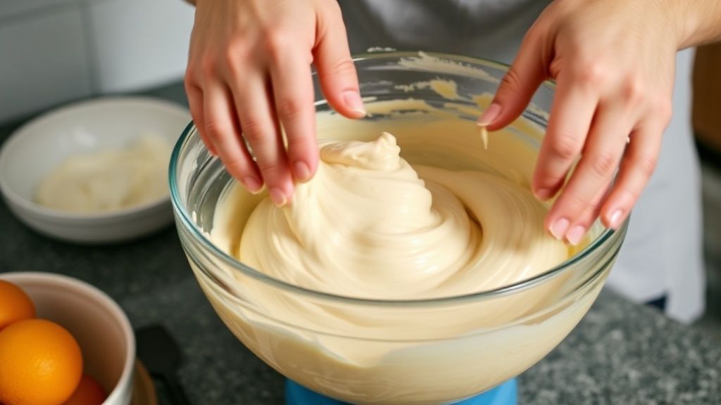 Mãos misturando os líquidos e secos no preparo do bolo de laranja