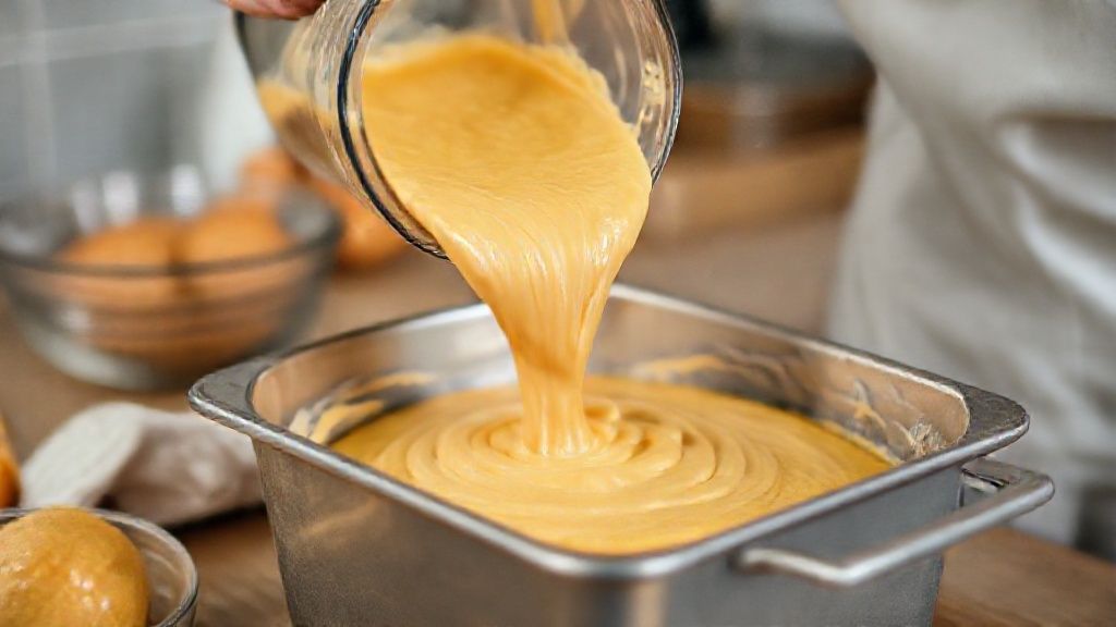 Mãos despejando a massa cremosa do bolo de laranja na forma untada