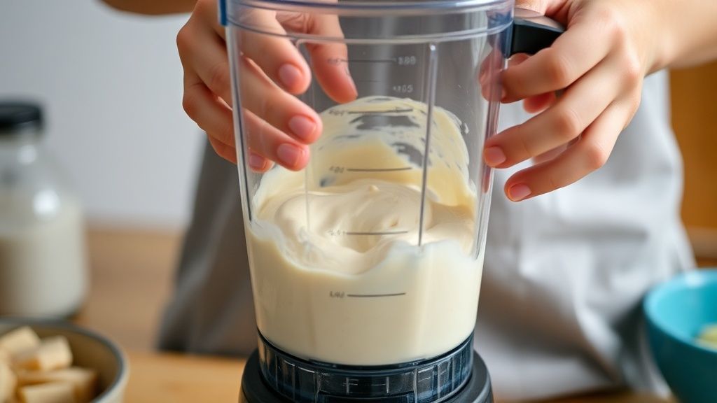 Mãos batendo os ingredientes no liquidificador para obter uma massa cremosa e homogênea