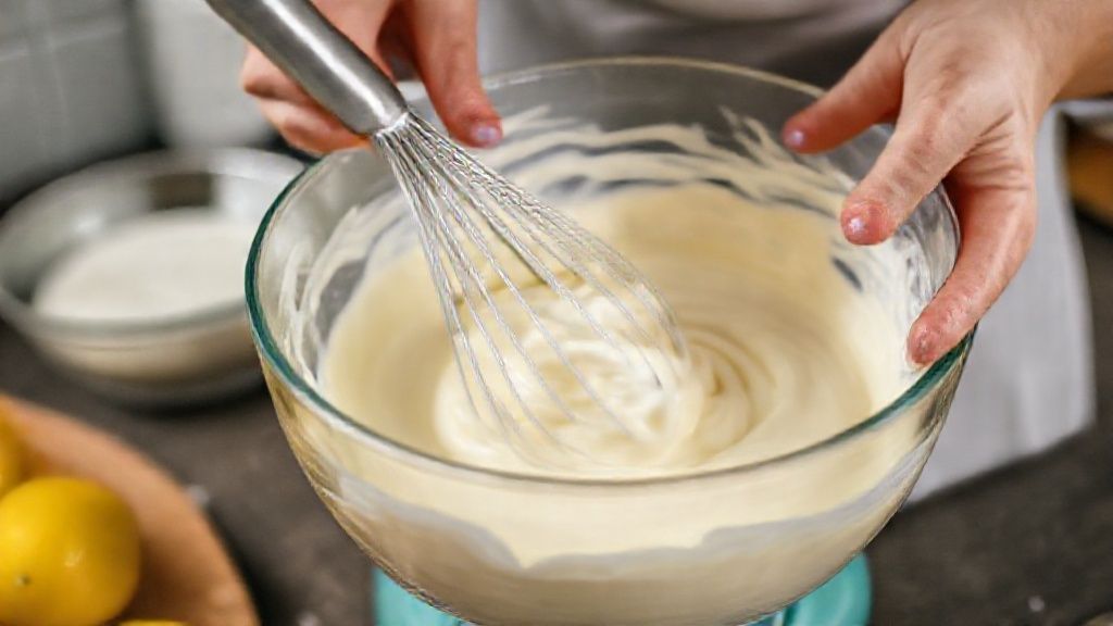Mãos misturando os ingredientes líquidos em tigela, mostrando o processo de preparo da massa do bolo