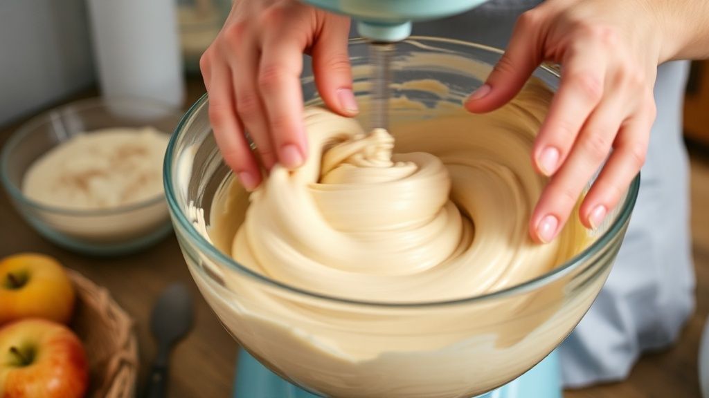 Mãos misturando a massa cremosa de maçã e canela em uma tigela grande durante o preparo