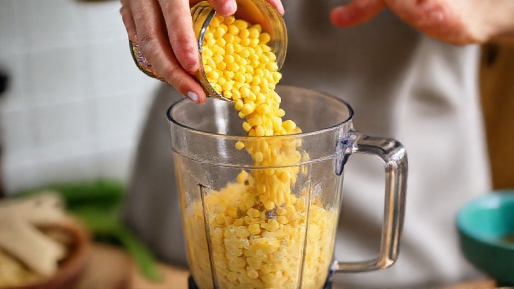 Mãos adicionando milho ao liquidificador durante o preparo do bolo