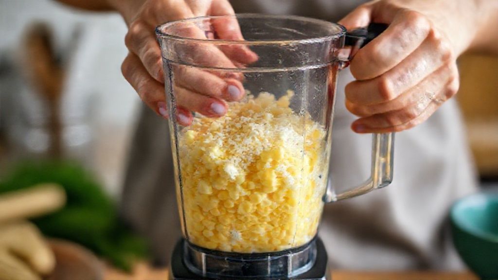 Mãos batendo os ingredientes do bolo de milho no liquidificador em uma cozinha caseira.