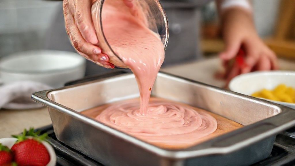 Mãos despejando a massa rosada de morango em uma forma untada, pronta para assar.