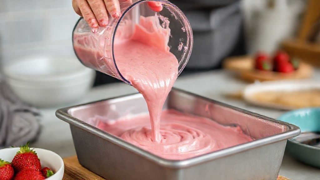 Mãos despejando a massa de bolo rosa-clara do liquidificador em uma forma untada