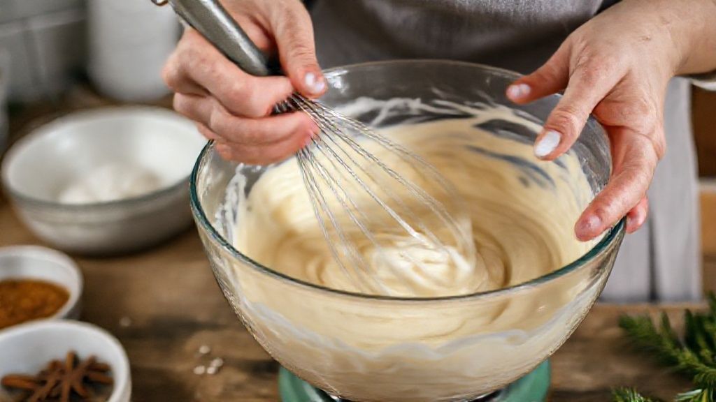 Mãos misturando a massa úmida do bolo com fouet, mostrando textura cremosa e especiarias visíveis.