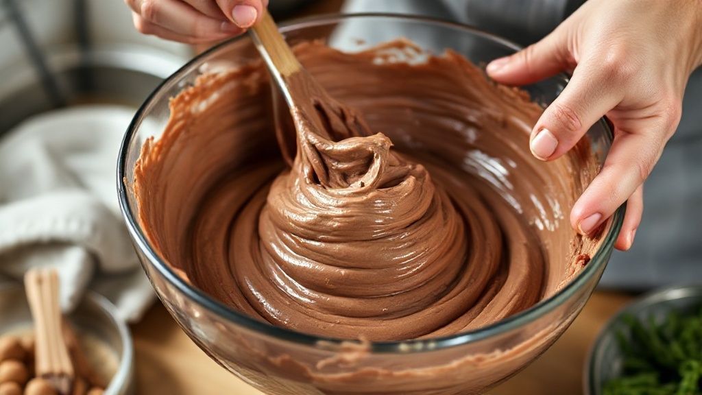 Mãos misturando a massa de bolo em tigela, com textura cremosa e homogênea
