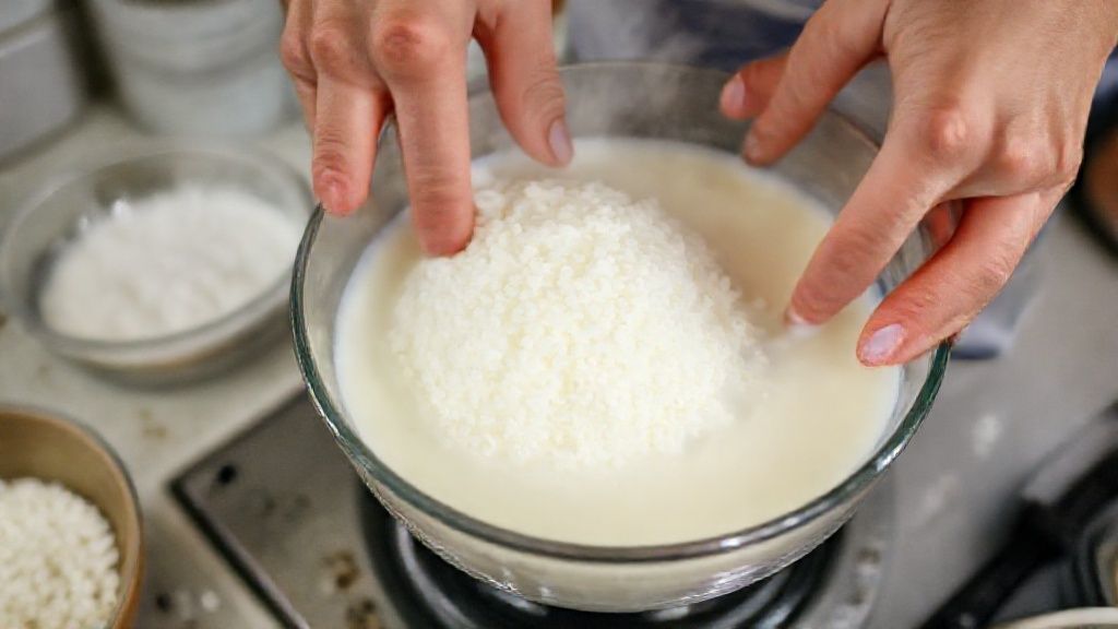 Mãos misturando a tapioca com o leite quente em tigela grande durante o preparo do bolo.