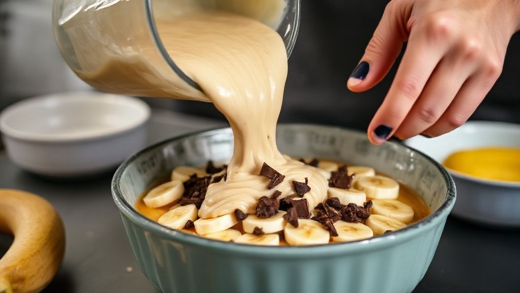 Mãos misturando a massa do bolo e adicionando as rodelas de banana e chocolate sobre a forma.