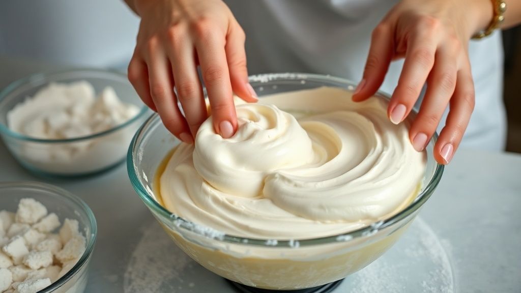 Mãos misturando os ingredientes da massa e preparo do recheio cremoso