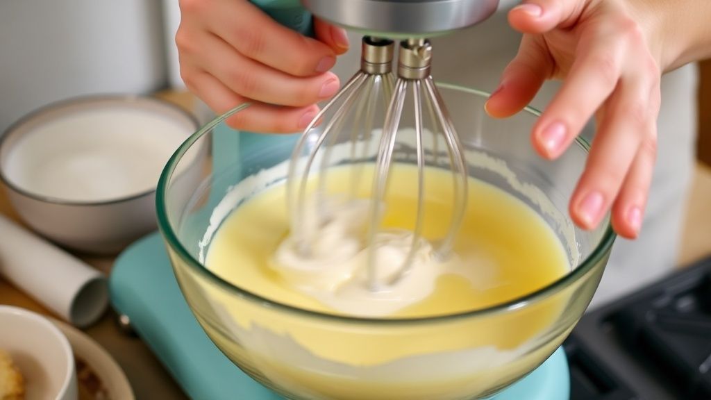 Mãos batendo ovos na batedeira durante o preparo da massa fofa