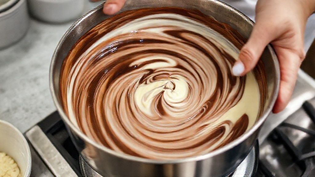 Mãos misturando as massas clara e de chocolate em forma para criar o efeito marmorizado
