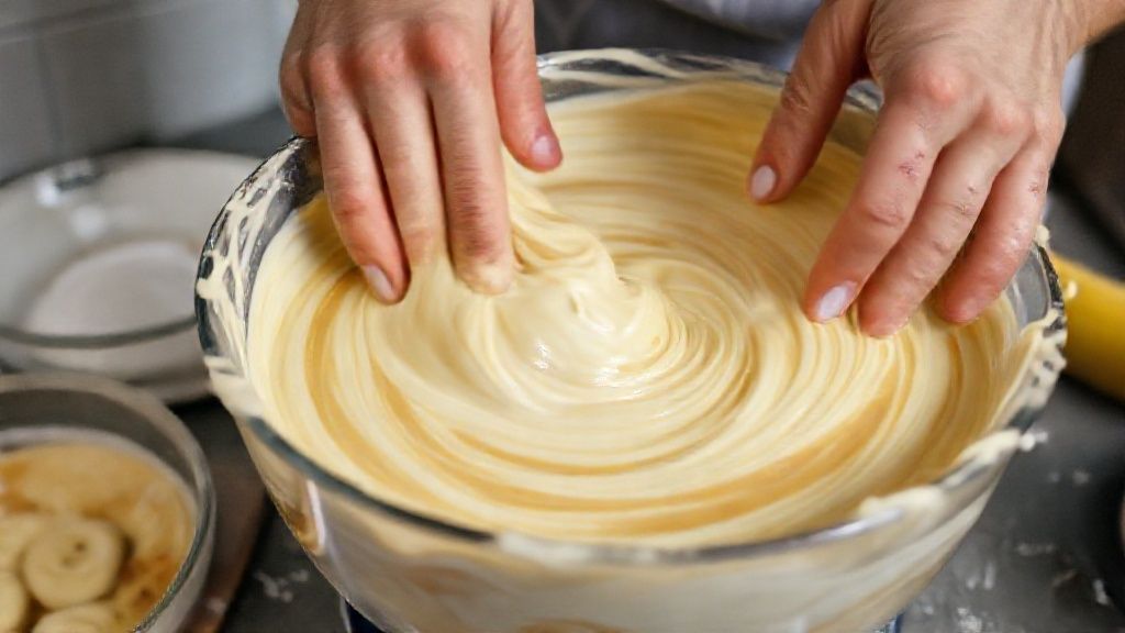 Mãos adicionando o chocolate na massa para criar o efeito marmorizado do bolo mesclado
