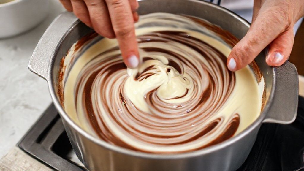Mãos misturando massas de baunilha e chocolate para criar o efeito marmorizado dentro da forma de bolo.