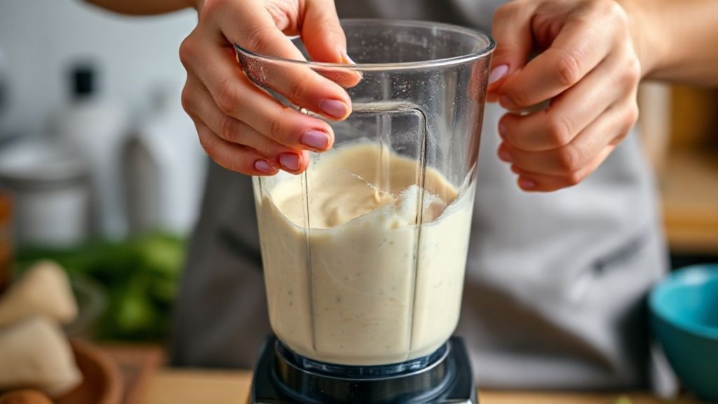 Mãos batendo a massa cremosa do bolo em liquidificador, destacando a textura e o preparo