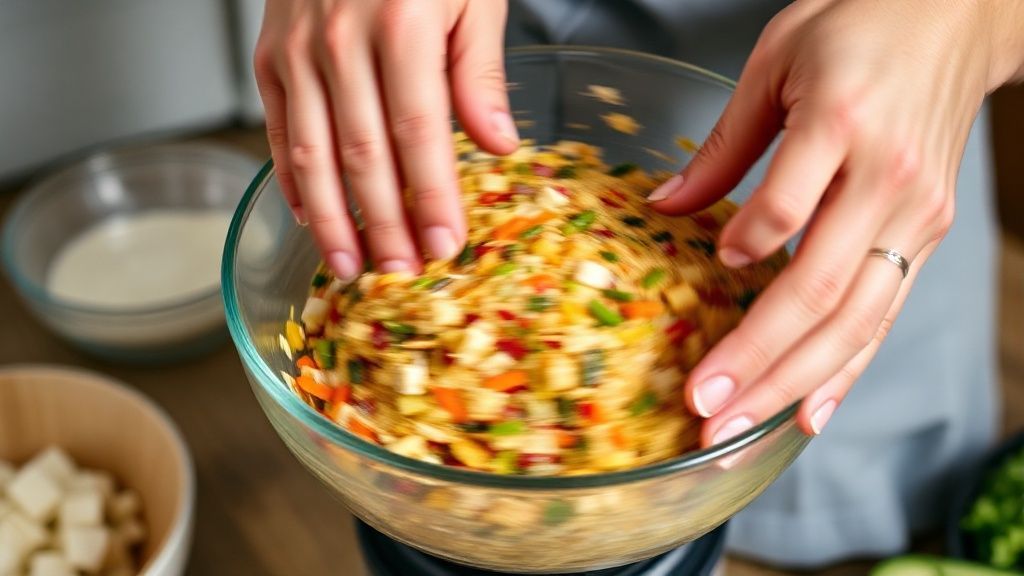 Mãos misturando a massa cremosa com os ingredientes coloridos em uma tigela funda