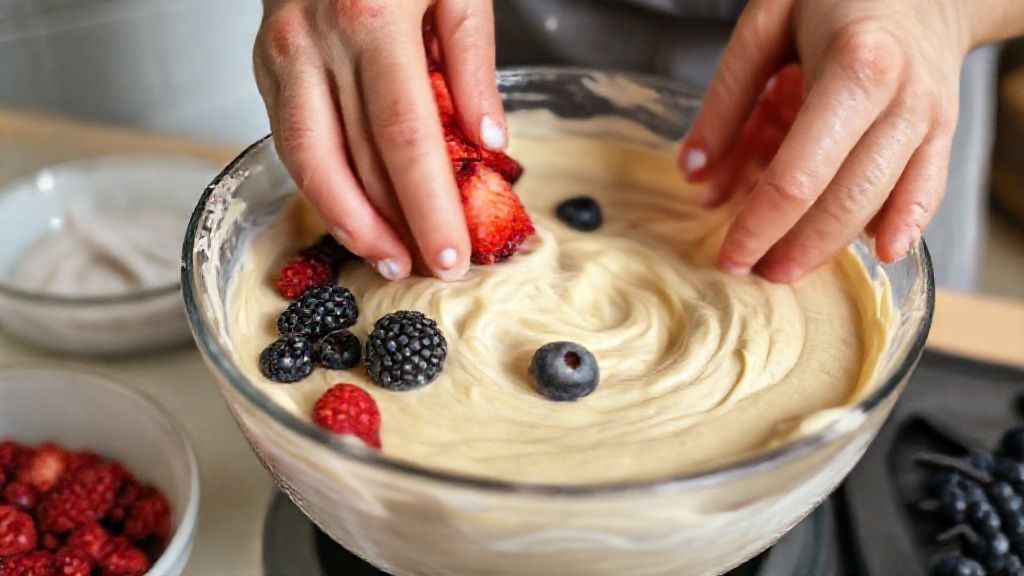 Mãos misturando delicadamente as frutas vermelhas à massa cremosa do bolo