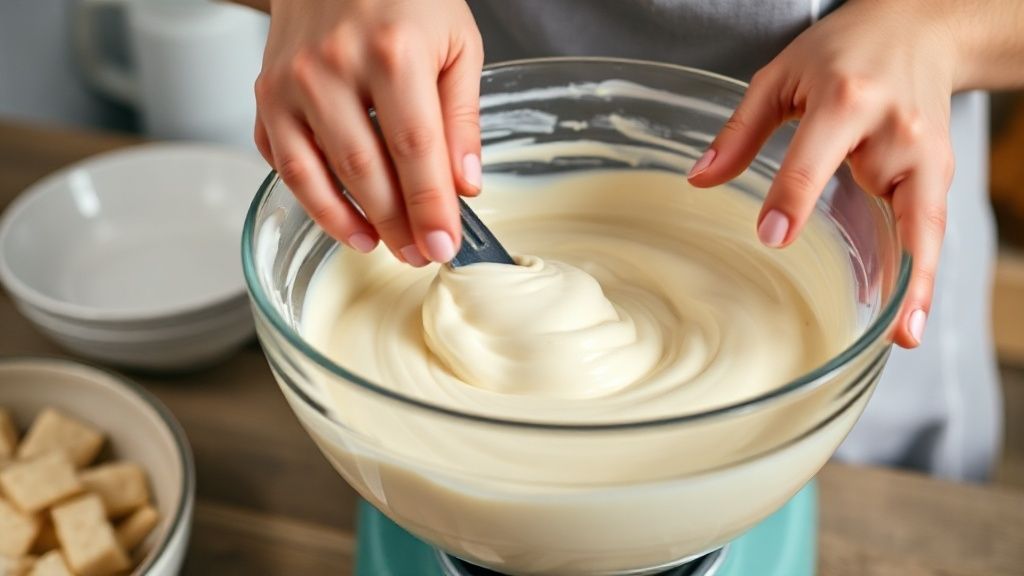 Mãos adicionando farinha de arroz à mistura líquida em um bowl durante o preparo, ilustrando a textura cremosa da massa