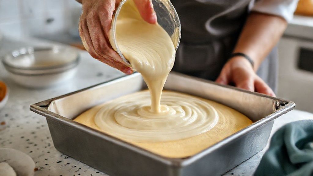 Mãos despejando a massa cremosa do bolo segura marido em forma untada antes de levar ao forno