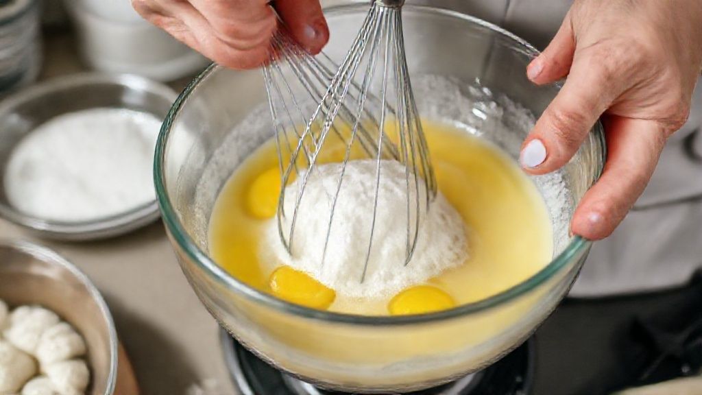 Mãos batendo os ovos e o açúcar em uma tigela grande durante o preparo da massa
