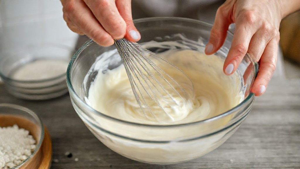 Mãos misturando a massa do bolo com fouet em tigela de vidro durante o preparo