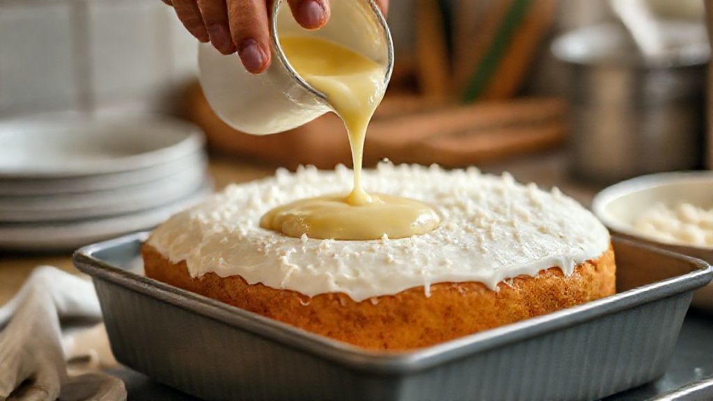 Mãos despejando calda cremosa de coco sobre o bolo recém-assado dentro da forma, com textura dourada e vapor subindo.