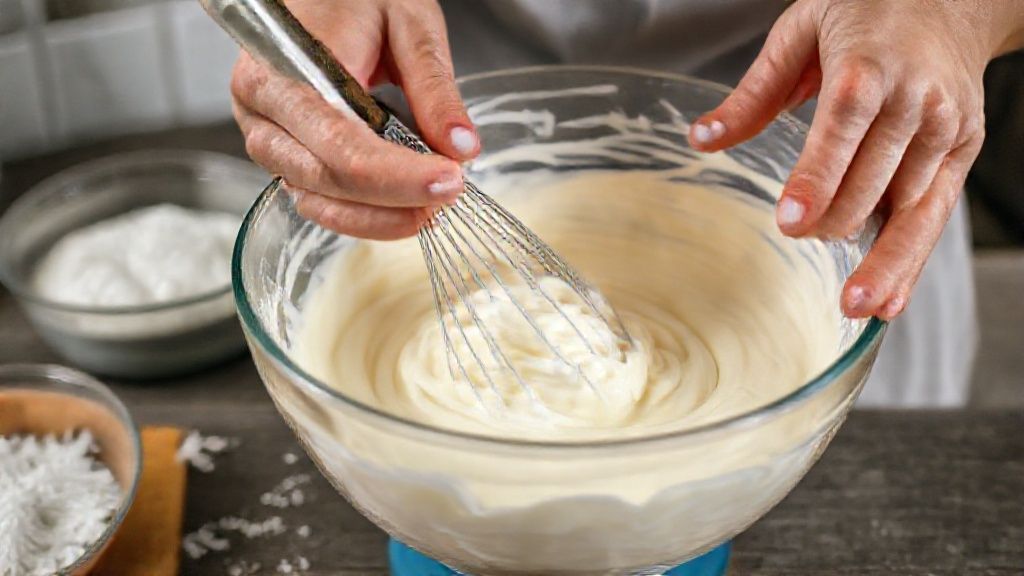 Mãos misturando a massa do bolo com fouet em tigela de vidro durante o preparo