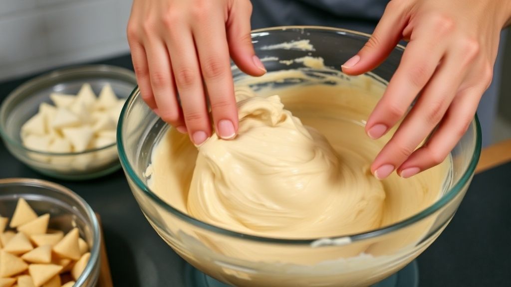 Mãos misturando massa de bolo salgado em tigela grande, com textura cremosa e recheio sendo incorporado