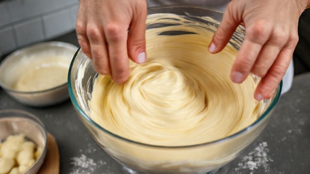 Mãos misturando massa choux em tigela, mostrando a textura lisa e brilhante antes da modelagem