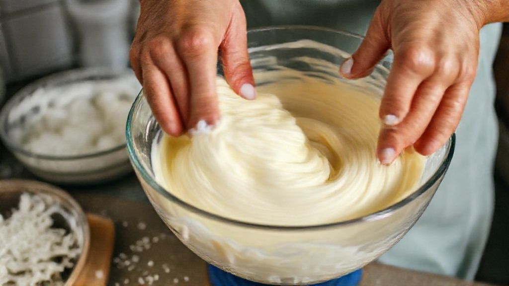 Mãos misturando a massa de mandioca, coco e leite em tigela grande durante o preparo do bombocado
