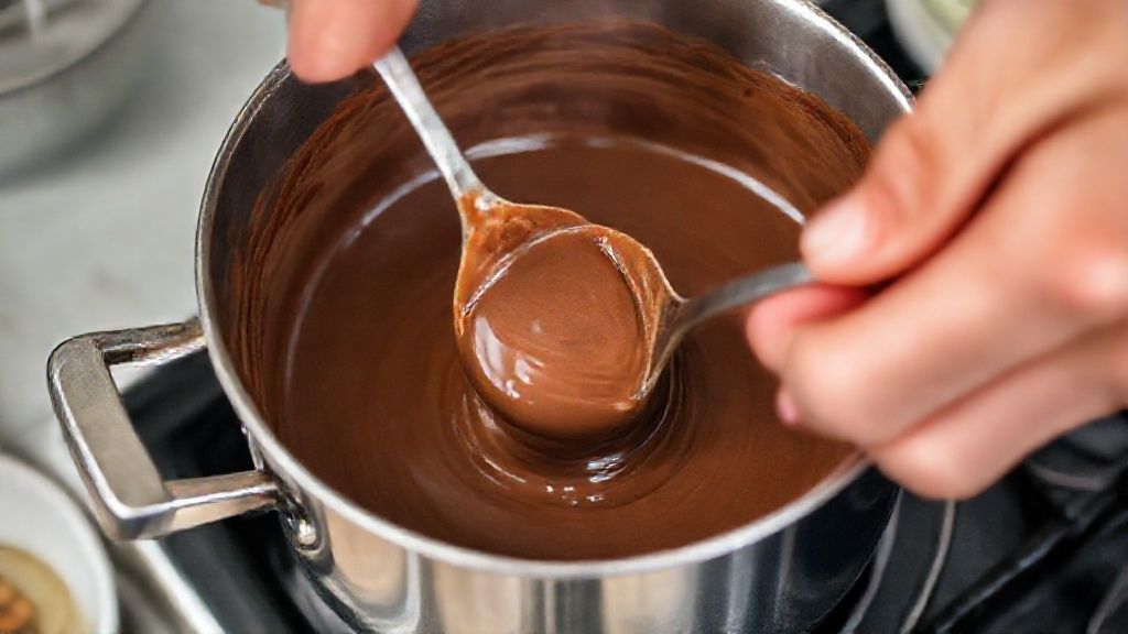 Mãos mexendo o creme de chocolate na panela até atingir o ponto cremoso