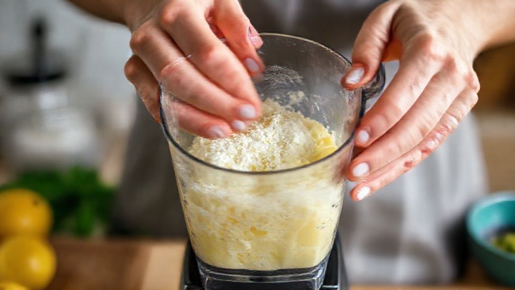 Mãos misturando os ingredientes do brigadeiro de limão sem açúcar em um liquidificador