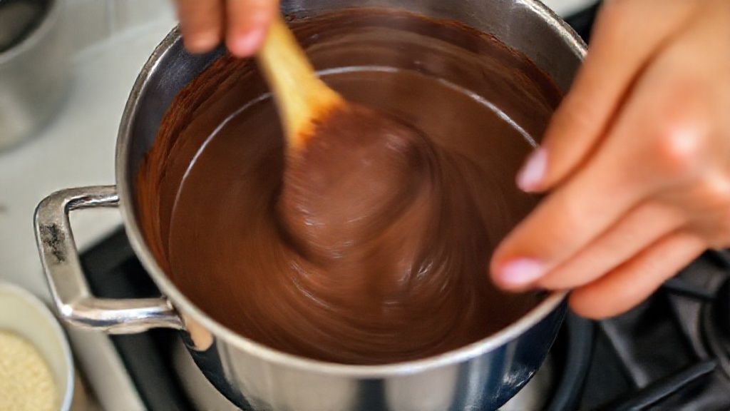 Mãos mexendo o brigadeiro na panela até atingir ponto cremoso