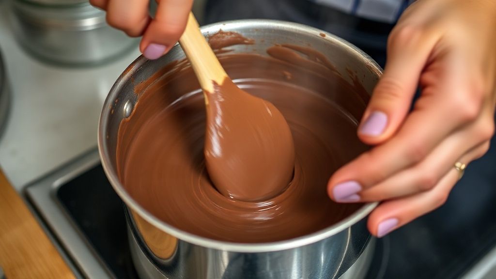 Mãos mexendo o brigadeiro em panela de fundo grosso durante o cozimento