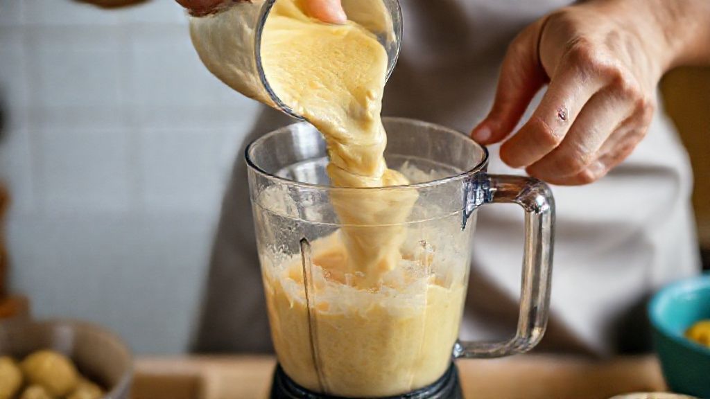 Mãos batendo a massa da broa no liquidificador durante o preparo