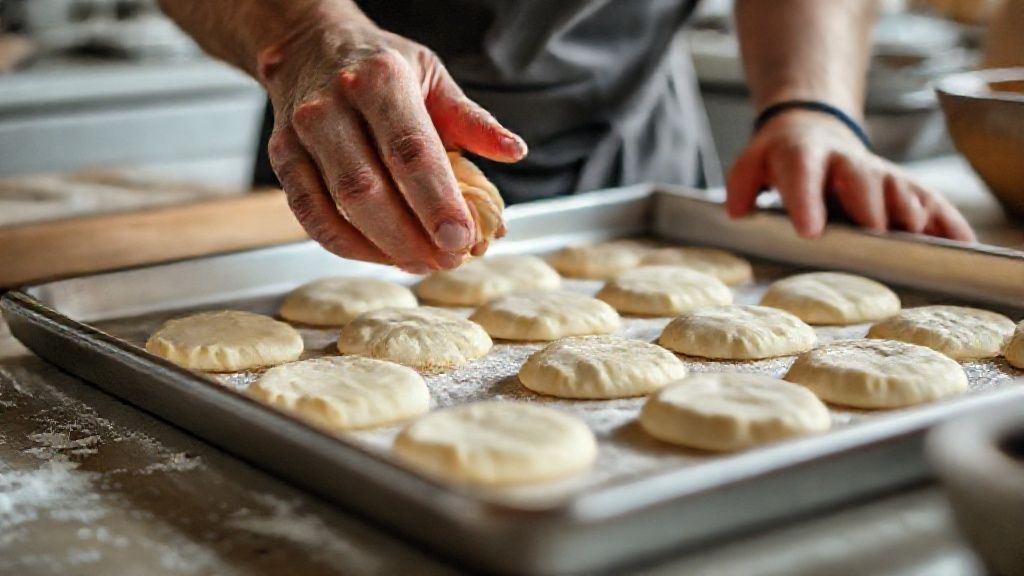 Mãos moldando pequenas broas com fubá sobre uma assadeira, prontas para serem pinceladas e assadas.