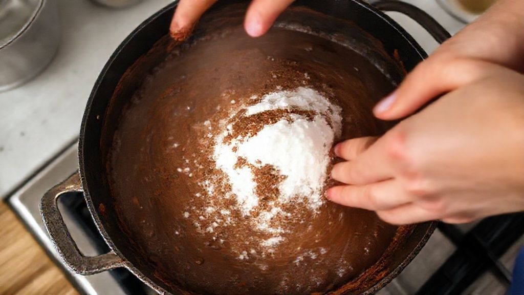 Mãos adicionando cacau e açúcar derretido à manteiga durante o preparo na frigideira.