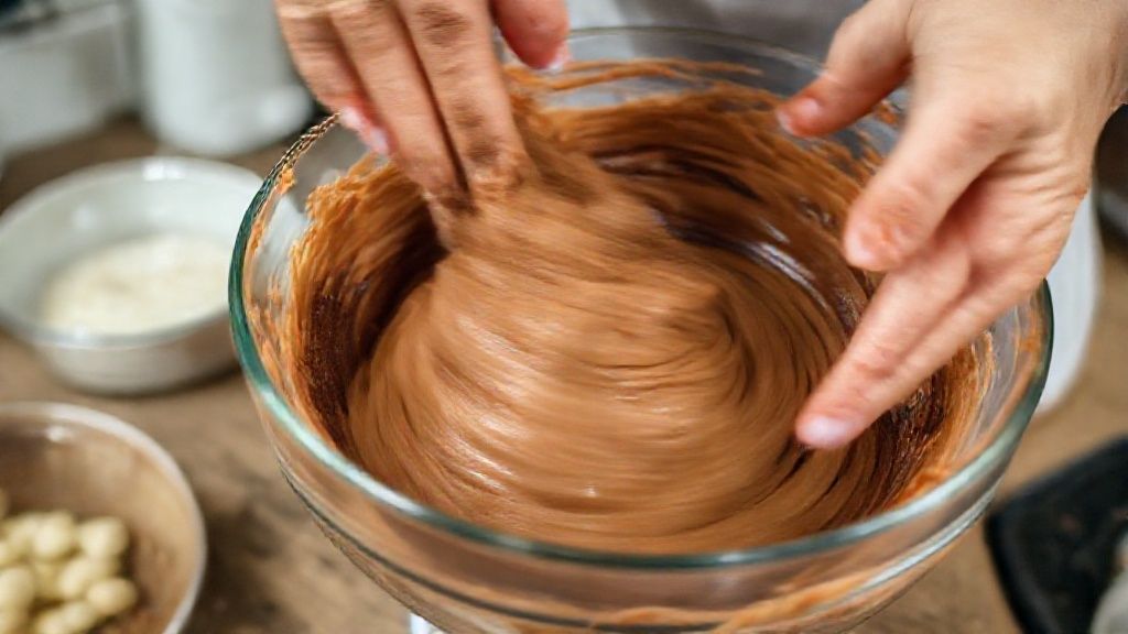 Mãos misturando a massa cremosa do brownie em uma tigela antes de levar ao micro-ondas