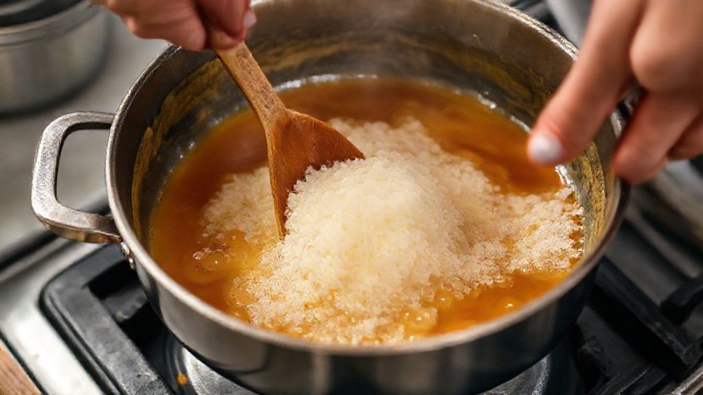 Mãos mexendo o açúcar derretido em uma panela, durante o preparo do caramelo dourado