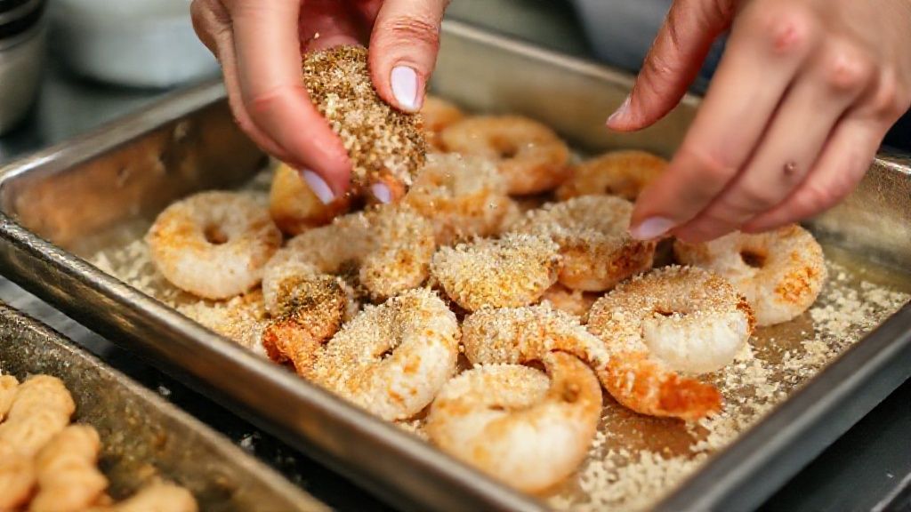 Mãos temperando camarões e aplicando a crosta crocante antes de levar ao forno
