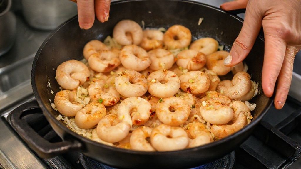 Mãos refogando camarões com alho e cebola em uma frigideira de ferro
