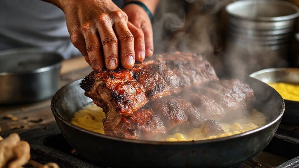 Mãos dourando costelinha na panela enquanto os temperos refogam, mostrando o passo crucial do preparo